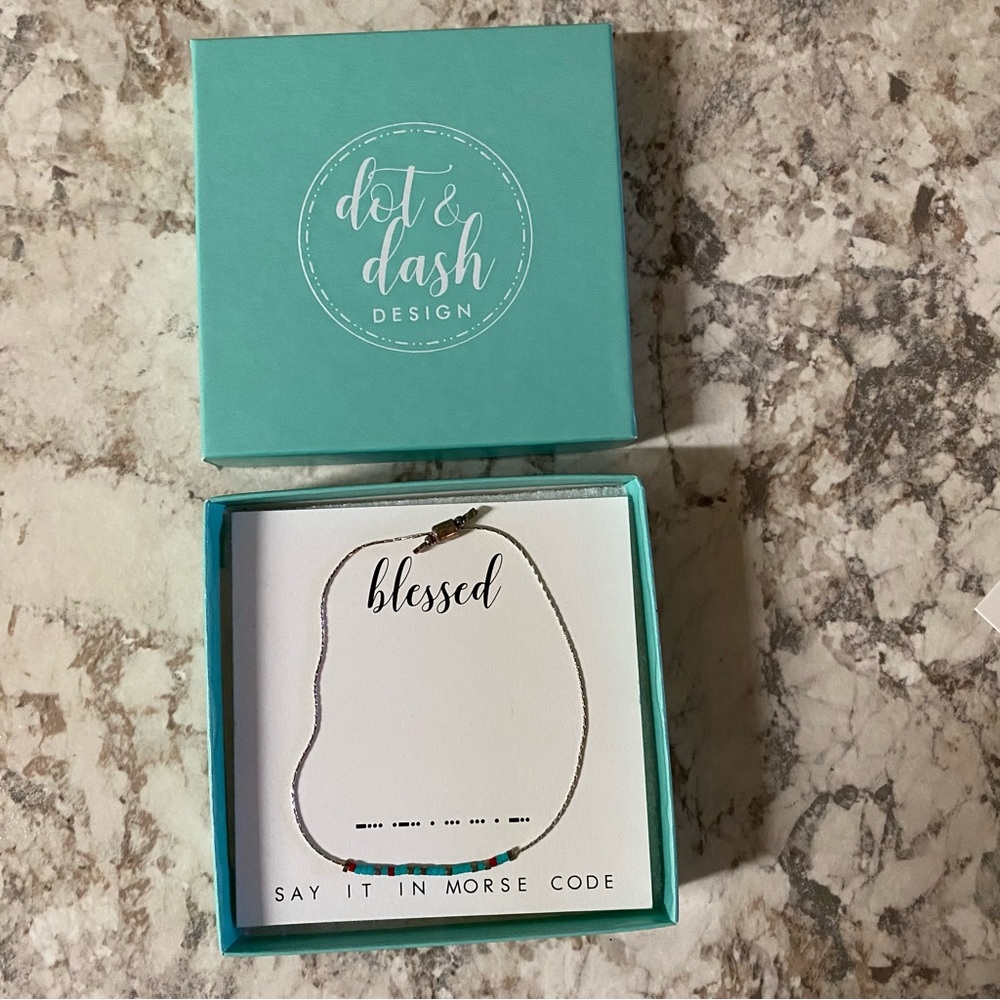 Dot & Dash 'Blessed' Morse Code Bracelet - Silver with Teal & Red Accents